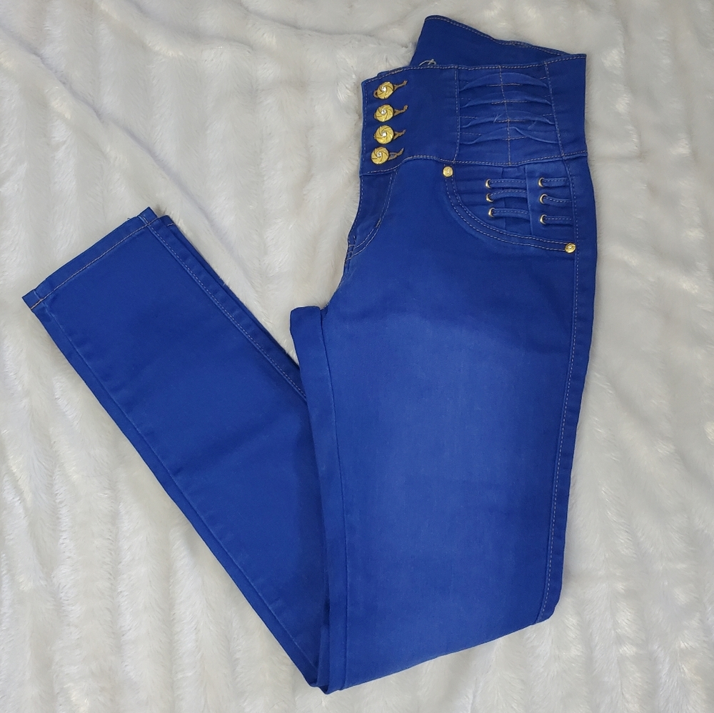 TUSH PUSH~BLUE 4 BUTTON HIGH-RISE JEGGINGS WITH TEXTURED ACCENTS! - Picture 16 of 16